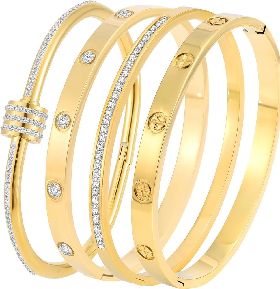 Stainless Steel Bangle Bracelet Set for Women - Silver/Gold Love Bangle Non Tarnish Jewelry with ... | Amazon (US)