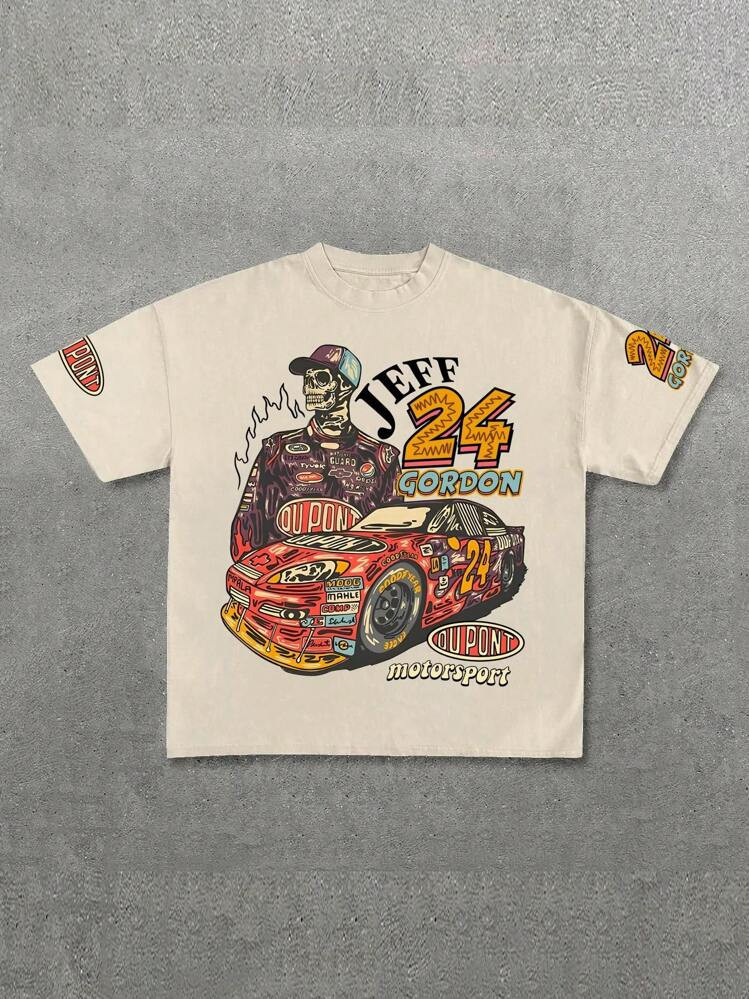 Men Fashion Streetwear Text Graphic Khaki Short Sleeve Loose Racing T-Shirt | SHEIN