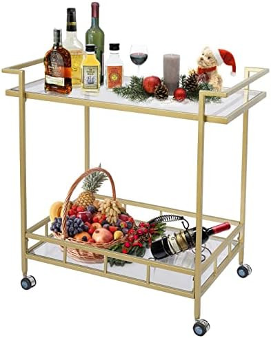 Gold Rolling Wine Bar Cart 2 Tiered Glass Shelves with Lockable Casters for Home Kitchen Club,, 30"  | Amazon (US)