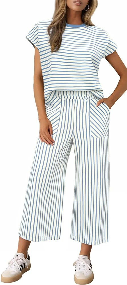 2 Piece Sets for Women Summer Outfits Short Sleeve Top Wide Leg Crop Pants Womens Matching Sets f... | Amazon (US)