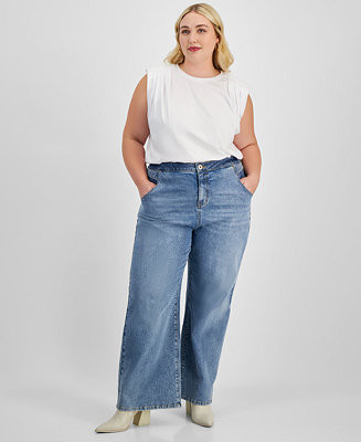 Bar III Trendy Plus Size High-Rise Wide-Leg Light-Wash Jeans, Exclusively at Macy's   - Macy's | Macy's