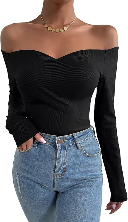 Verdusa Women's Long Sleeve Off Shoulder Ribbed Skinny Tee Bodysuit Top | Amazon (US)