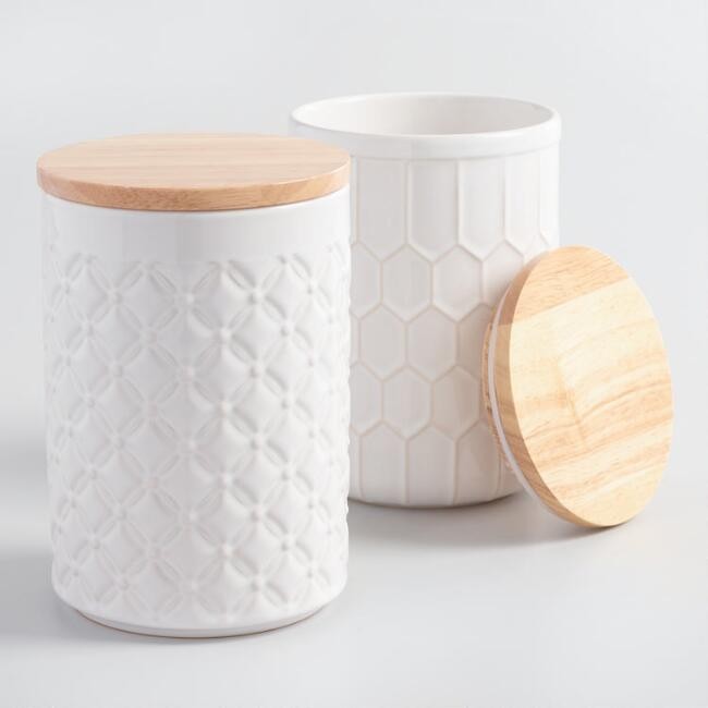 White Textured Ceramic Canisters with Bamboo Lids Set of 2 | World Market