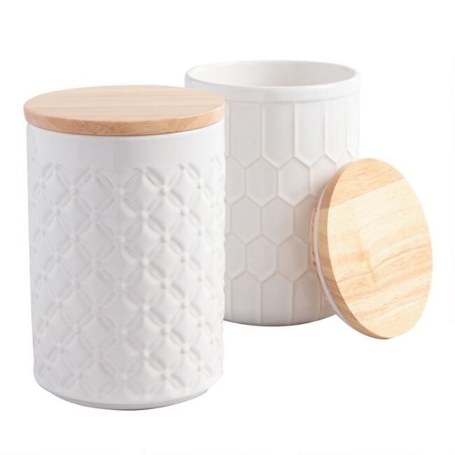 White Textured Ceramic Canisters with Bamboo Lids Set of 2 | World Market