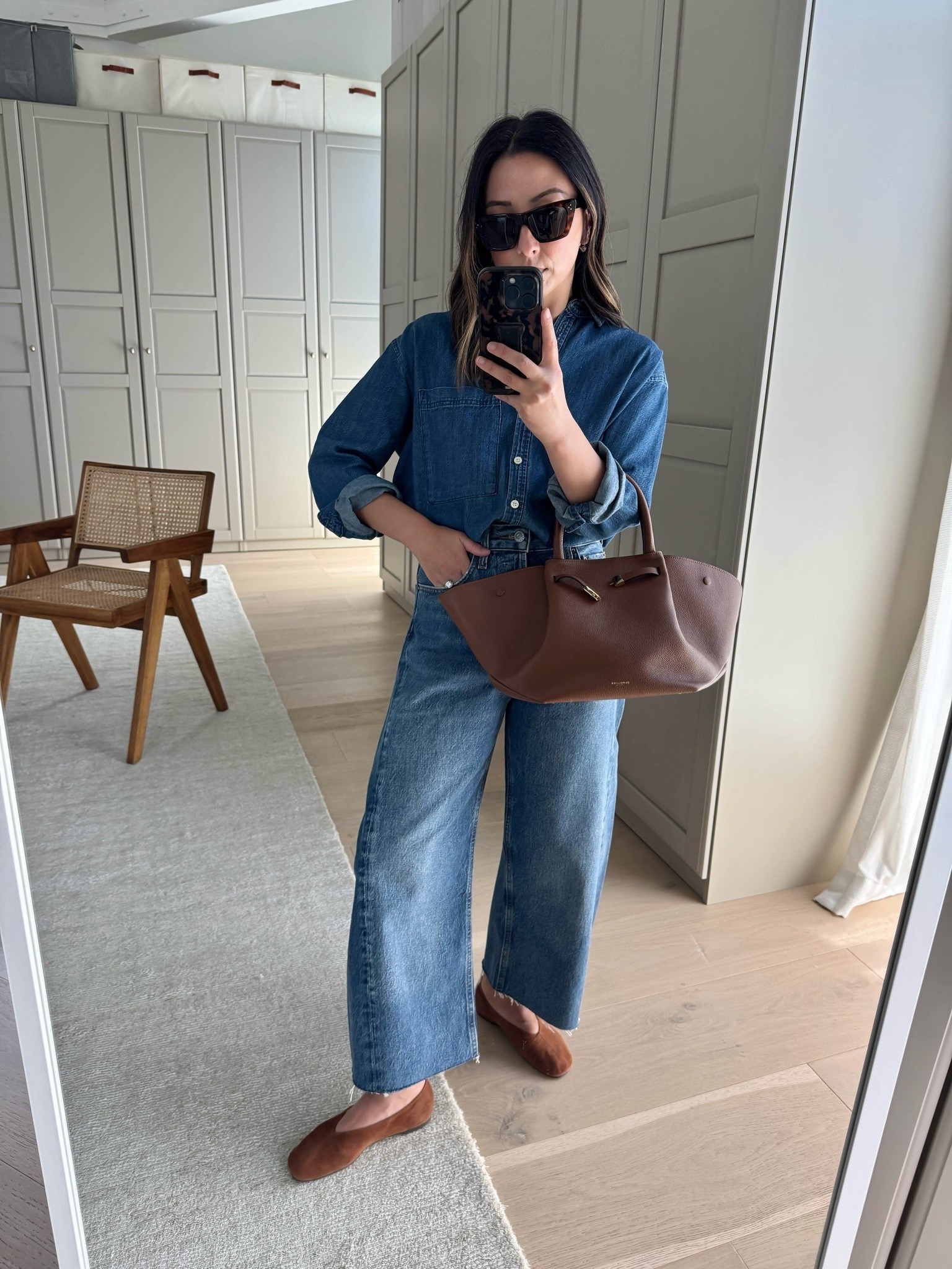 casual workwear outfit idea. 

AYR denim shirt xs
AGOLDE Luna jeans 24, cut hems
Reformation flats 5 - run slightly small but these do stretch out with wear. 
DeMellier New York bag in medium
Celine sunglasses
Dorsey James necklace 15”
Electric Picks earrings

#LTKootd #LTKmomlife #LTKPetite
