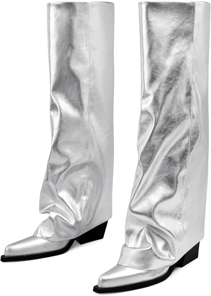 Chunky Knee High Fold Over Boots for Women with Zipper Pointed Toe | Amazon (US)