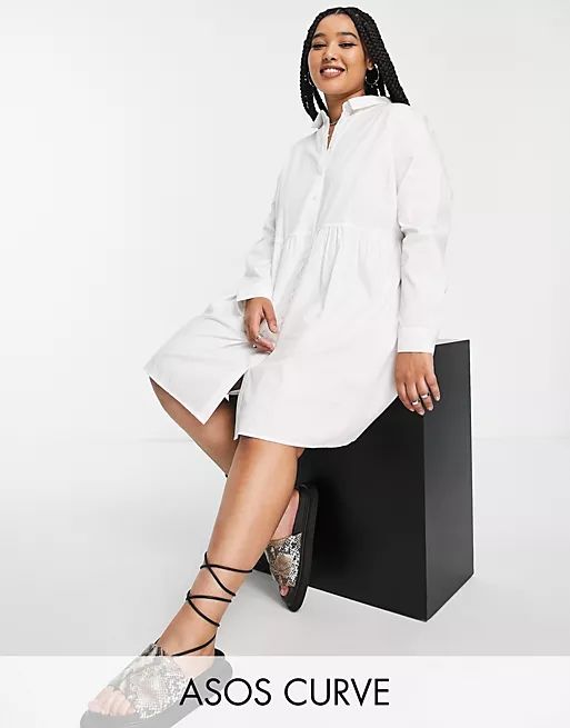 ASOS DESIGN Curve cotton mini smock shirt dress in white | ASOS (Global)