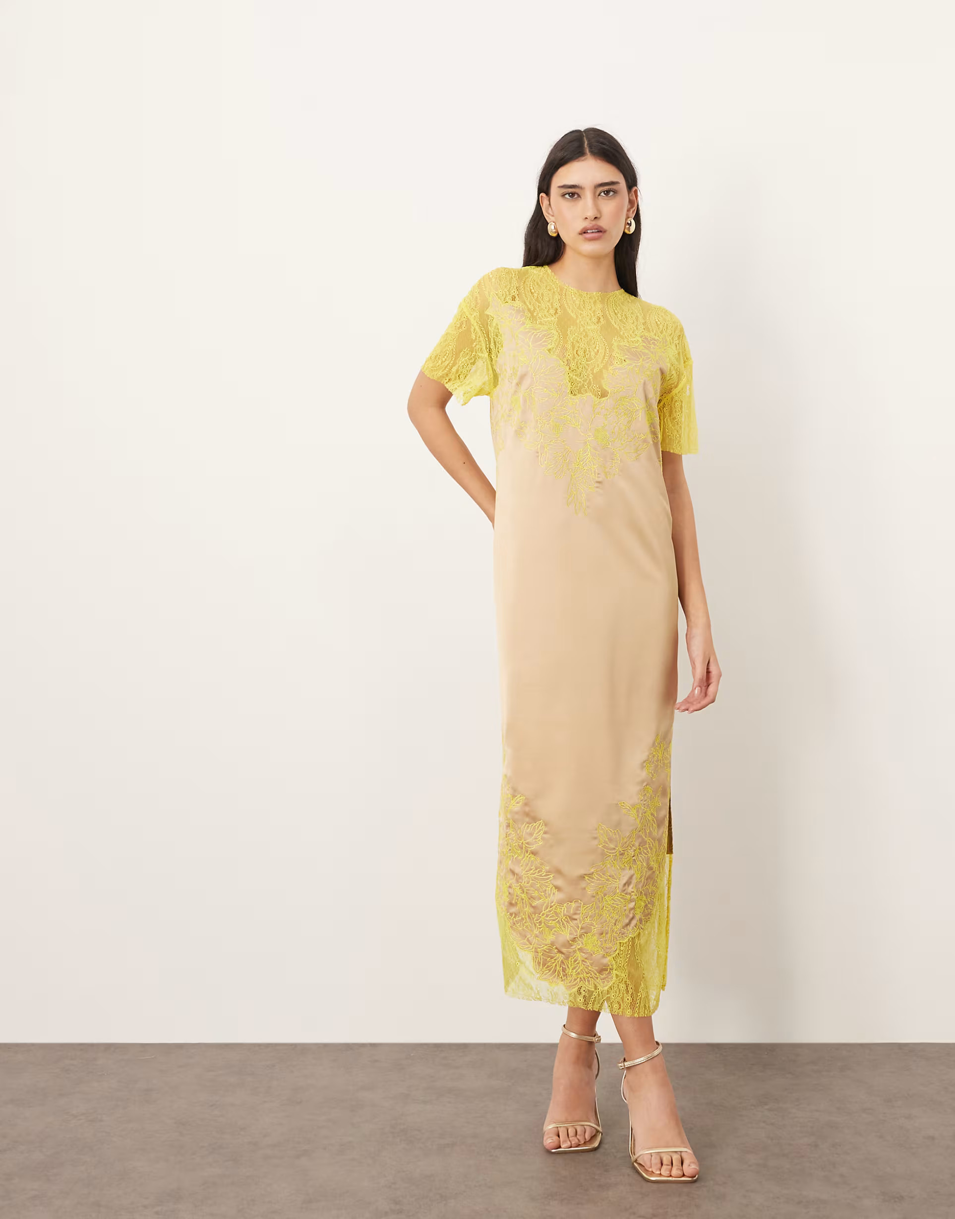 ARRANGE satin embroidered lace applique column midi dress in taupe and lime | ASOS | ASOS (Global)
