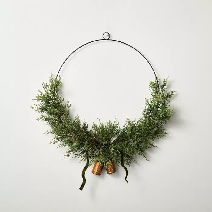 28&#34; Asymmetrical Faux Cedar Wire Wreath with Bells - Hearth &#38; Hand&#8482; with Magnolia | Target