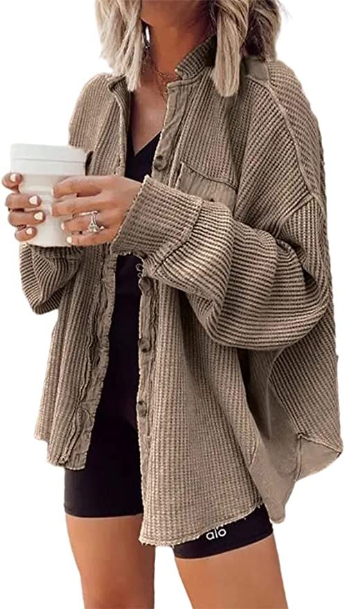 Chvity Cardigan for Woemn Fall Waffle Knit Long Sleeve Button Down Shirts Tops Casual Oversized J... | Amazon (US)