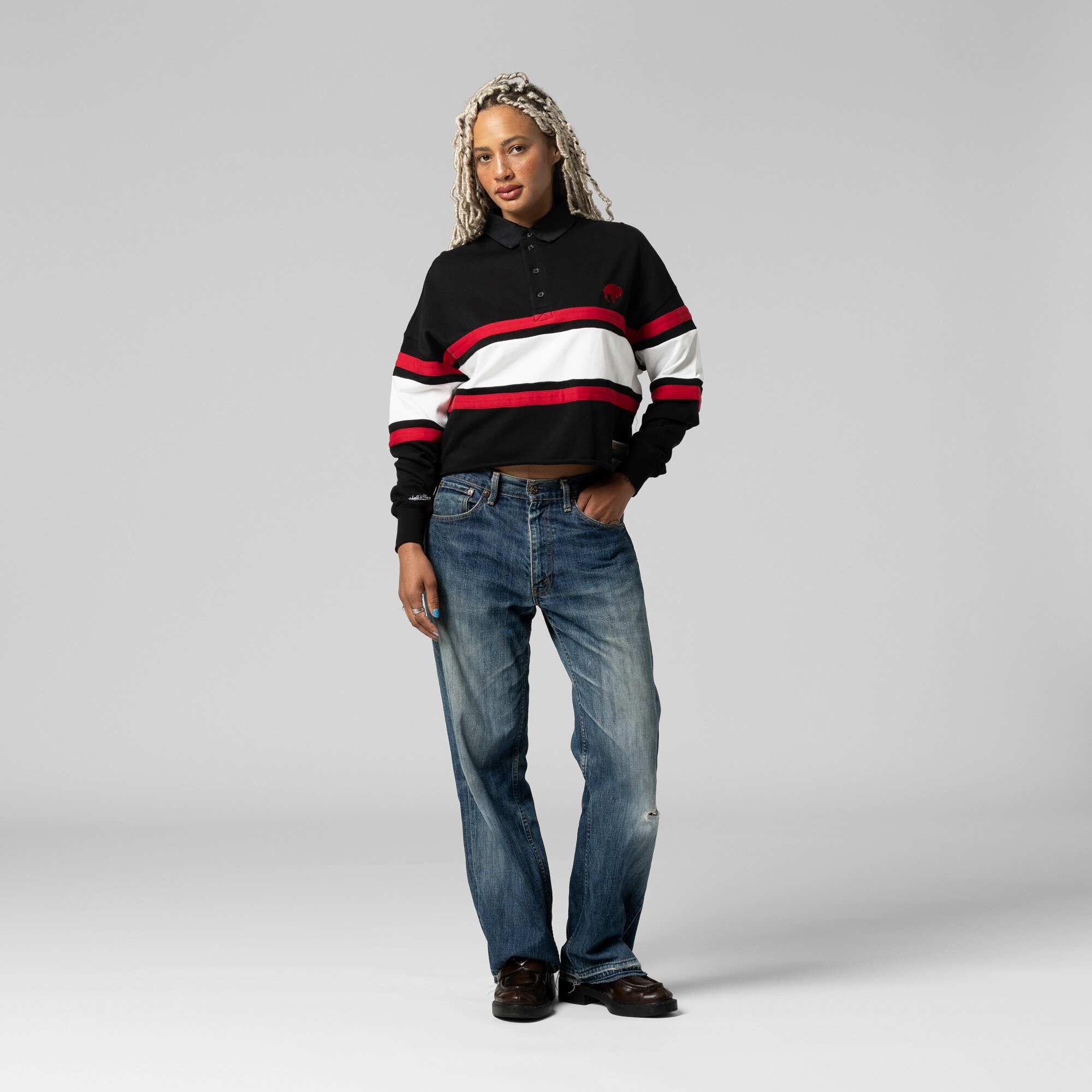 Women's Mitchell & Ness Black Buffalo Bills Throwback Cropped Long Sleeve Rugby Polo | Fanatics