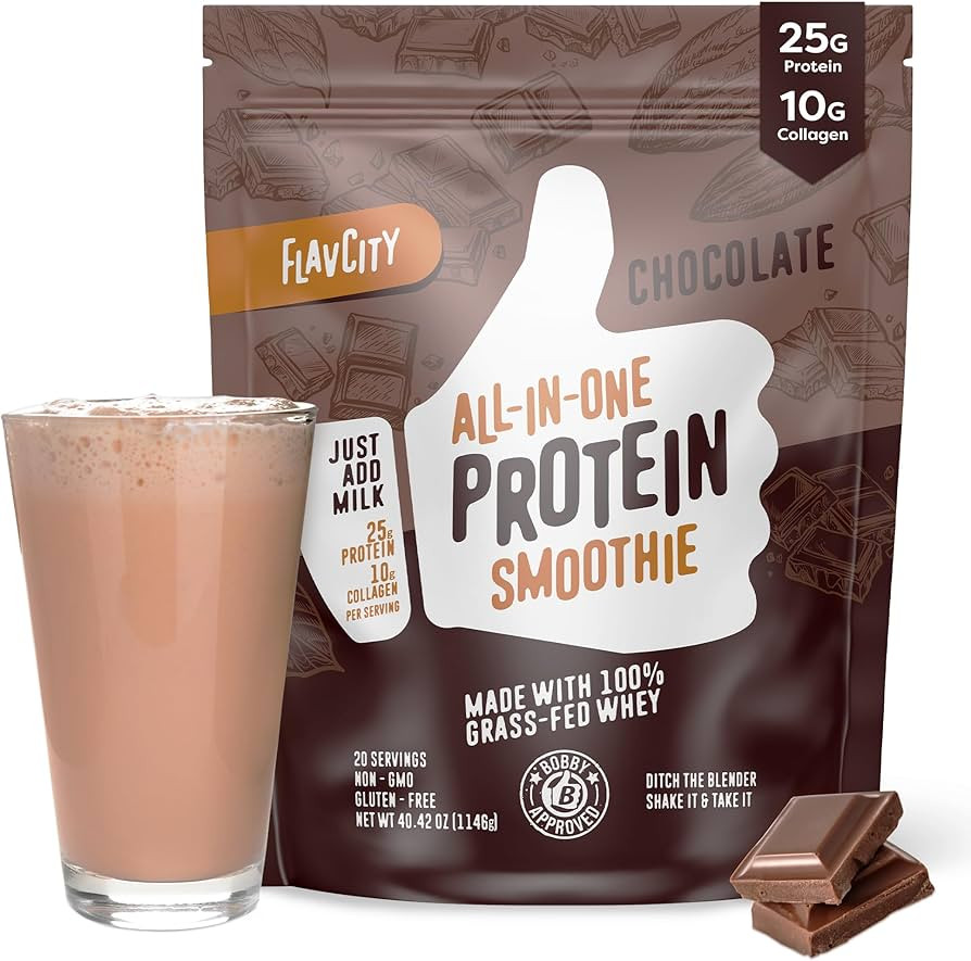FlavCity Protein Powder Smoothie, Chocolate - 100% Grass-Fed Whey Protein Smoothie with Collagen ... | Amazon (US)