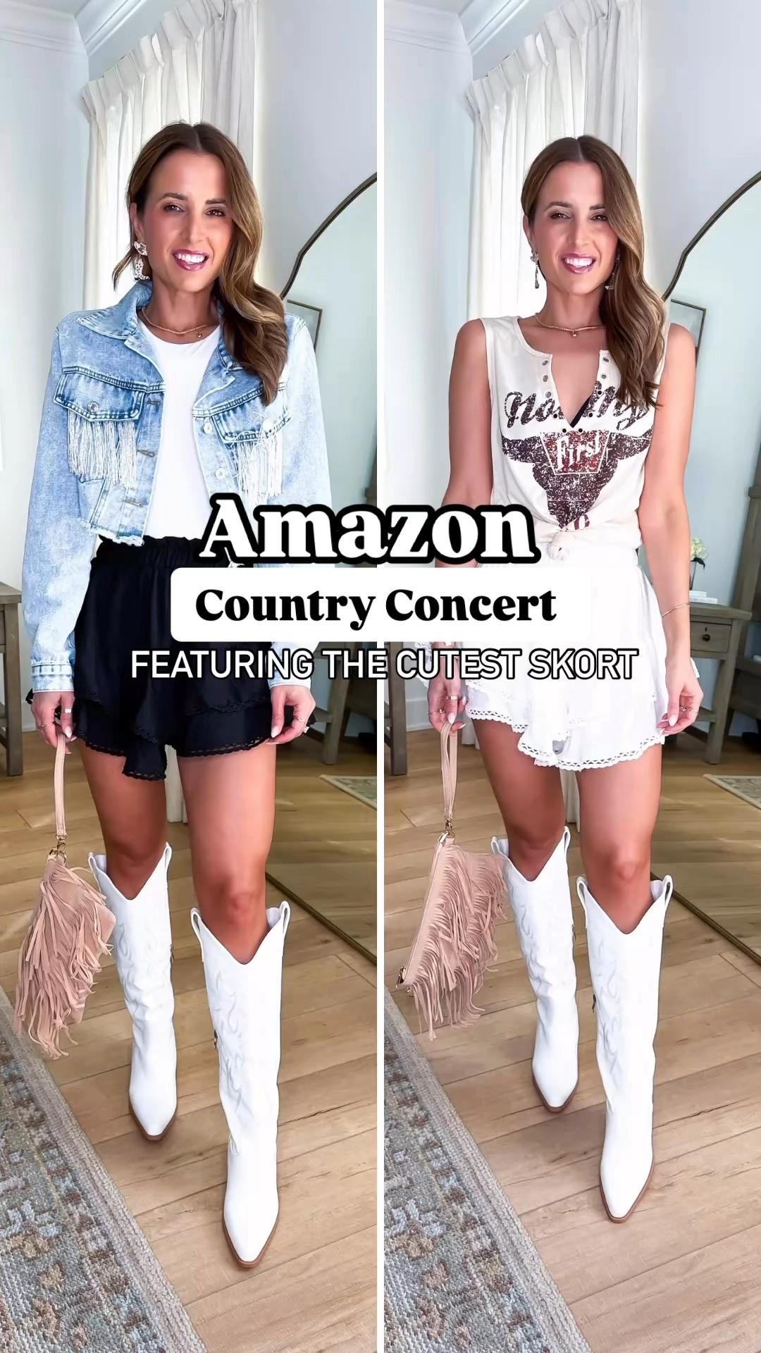 Amazon country concert outfit. Amazon skort with shorts underneath in XS. Amazon fringe denim in XS. Cowgirl style. Bachelorette party. Festival outfit. Wearing smallest size in everything. Cowgirl boots are TTS. Vacation outfit. Spring outfits. Summer outfits. 

#LTKFindsUnder50 #LTKParties #LTKPetite