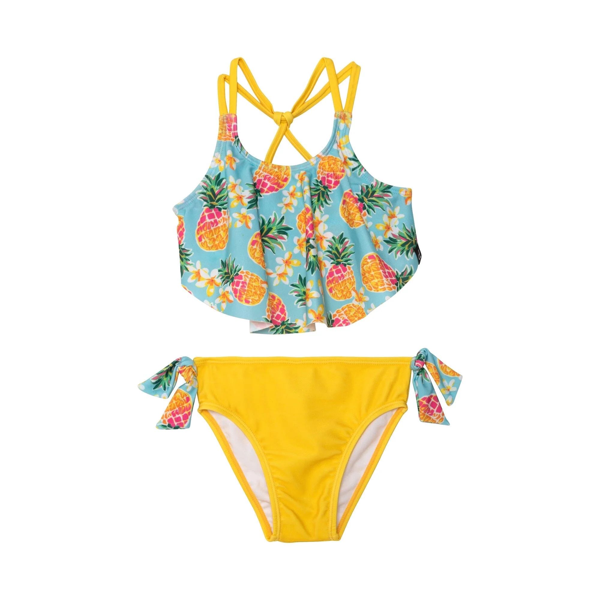 Printed Two Piece Swimsuit Blue Pineapple & Yellow | Deux par Deux Childrens Designer Clothing