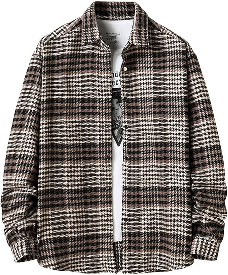 Locachy Men's Casual Cotton Plaid Shirts Long Sleeve Button-Down Flannel Overshirt Jacket | Amazon (US)