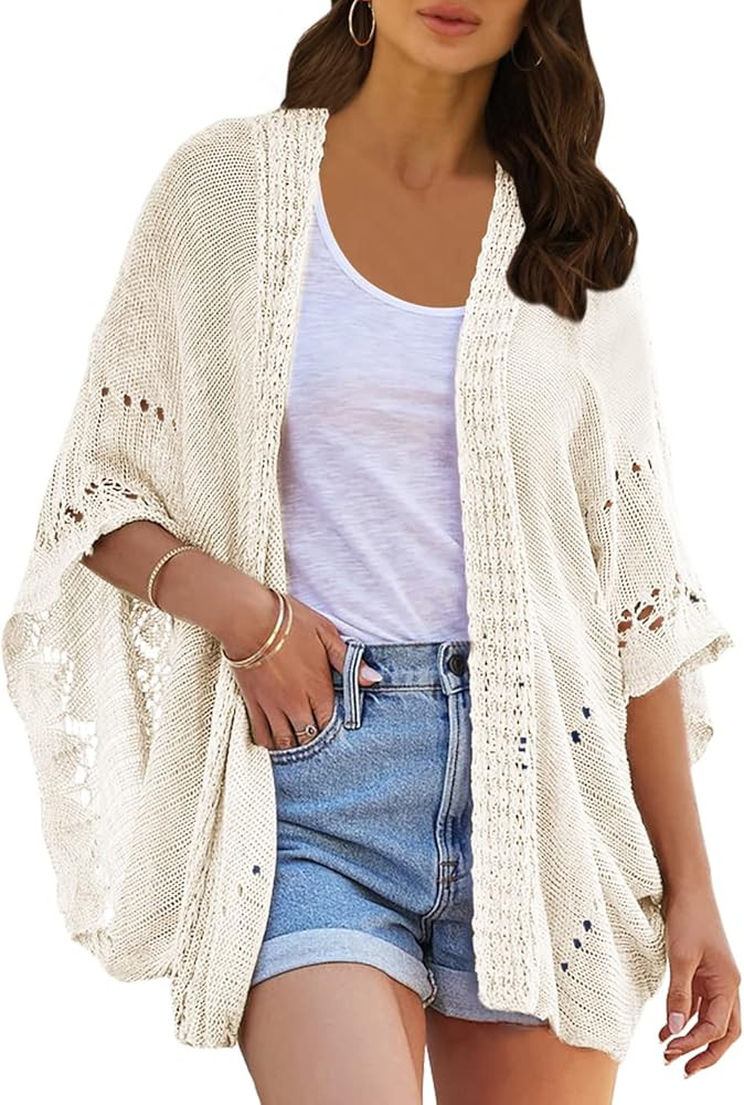 Ermonn Crochet Cardigan Sweaters for Women Open Front Kimono Batwing Sleeve Plain Casual Lightwei... | Amazon (US)