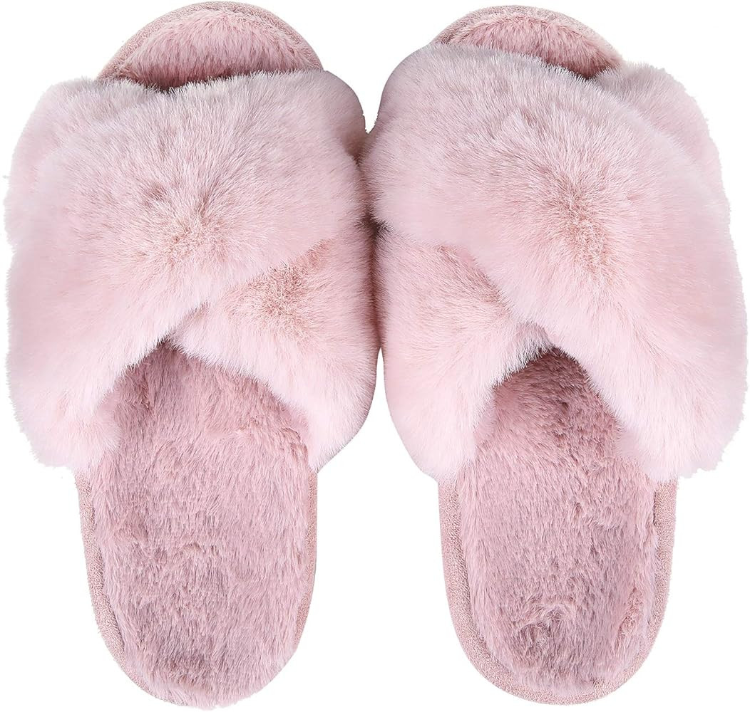 Women's Soft Plush Lightweight House Slippers Fuzzy Cross Band Slip on Open Toe Cozy Indoor Outdoor  | Amazon (US)