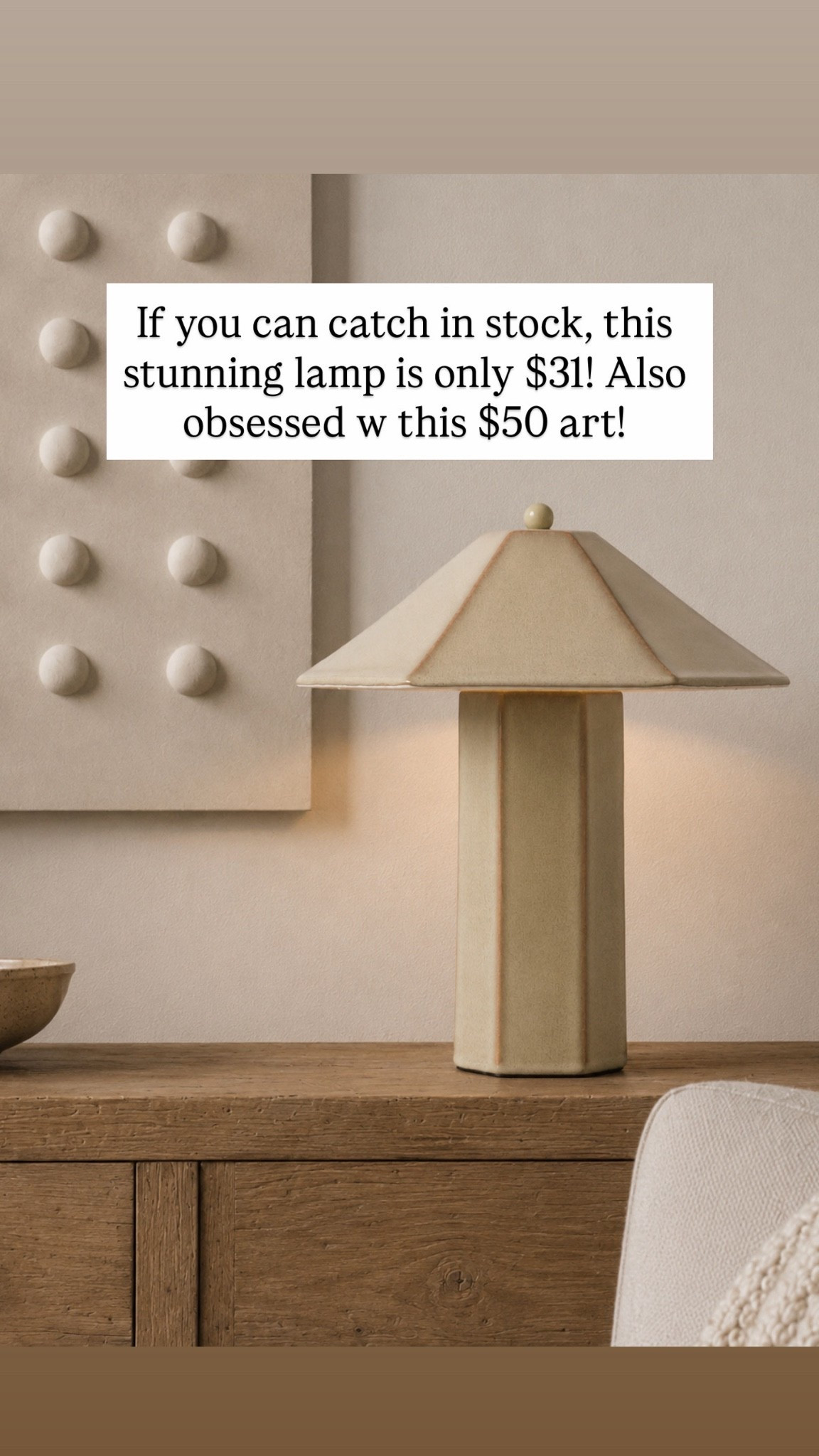 If you can catch in stock, this stunning lamp is only $31! Also obsessed w this $50 art!