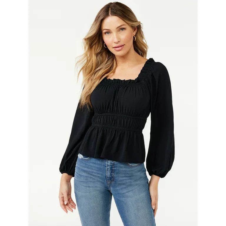 Sofia Jeans by Sofia Vergara Women’s Square Neck Peplum Top with Long Sleeves | Walmart (US)