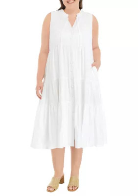 Wonderly Women's Plus Size Tiered Button Front Midi Dress, White, 3X | Belk
