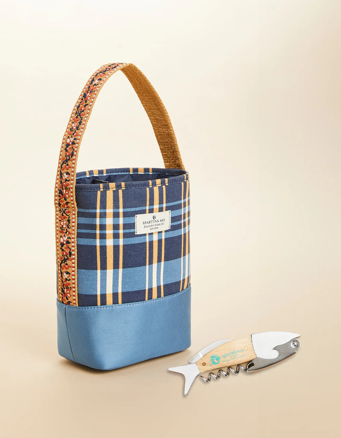 Double Wine Caddy Kalalanta Plaid Navy with Wine Corkscrew | Spartina 449