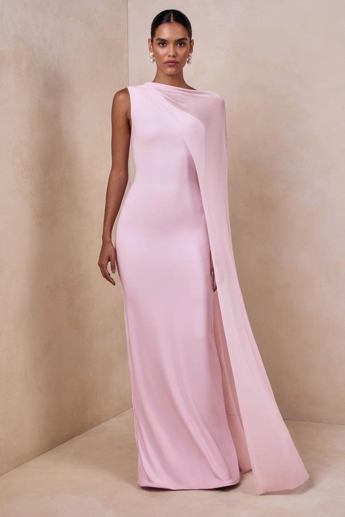 Mirelle | Light Pink Boat-Neck Maxi Dress With Cape-Sleeve | Club L London