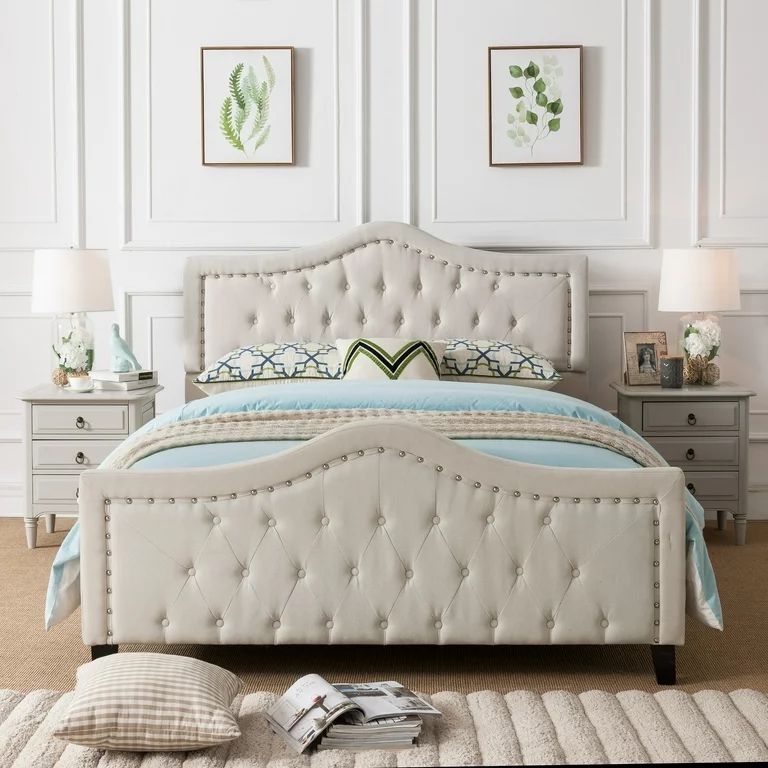 Noble House Vicki Fabric Tufted Upholstered Queen Bed, Ivory | Walmart (US)