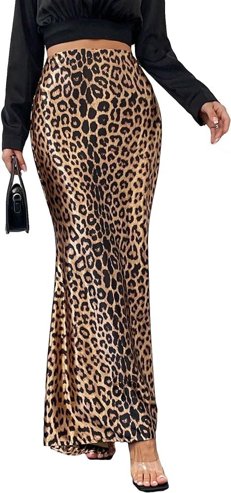 SweatyRocks Women's Leopard Print High Waist Maxi Skirt Elegant Skinny Long Skirts | Amazon (US)