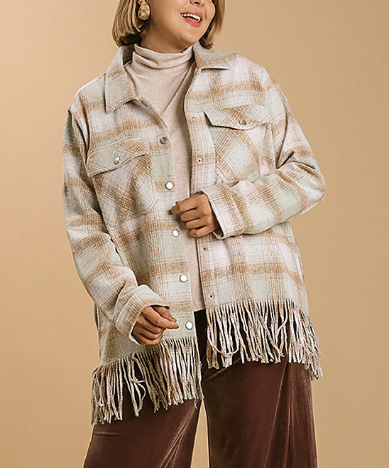 UMGEE U.S.A. Women's Non-Denim Casual Jackets Pistachio - Pistachio & Tan Plaid Brushed Twill Fringe | Zulily