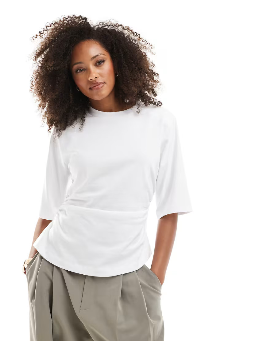 ASOS DESIGN shoulder pad cinched waist T-shirt in white | ASOS (Global)