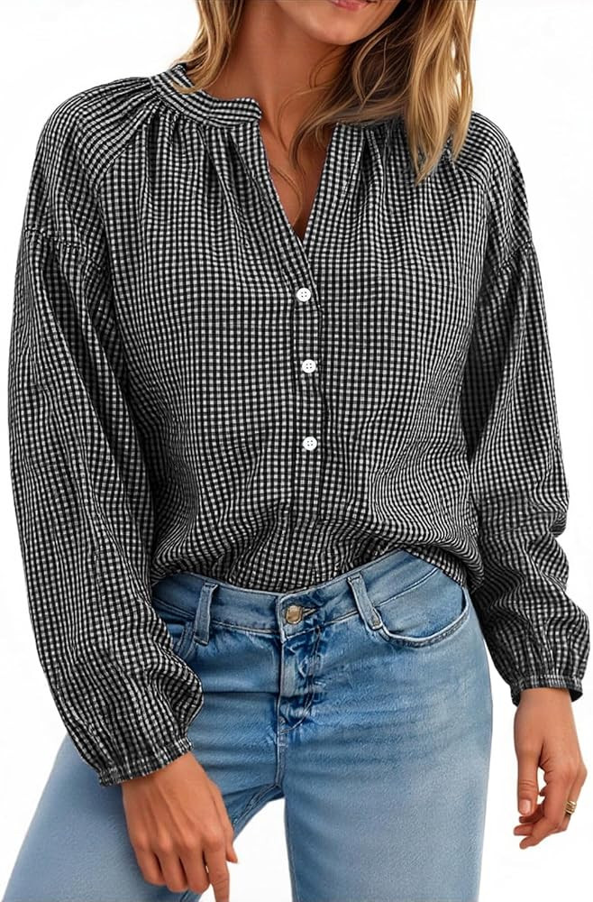 Cicy Bell Womens Puff Long Sleeve Blouse Gingham Pleated V Neck Button Down Shirts Loose Fit Dres... | Amazon (US)
