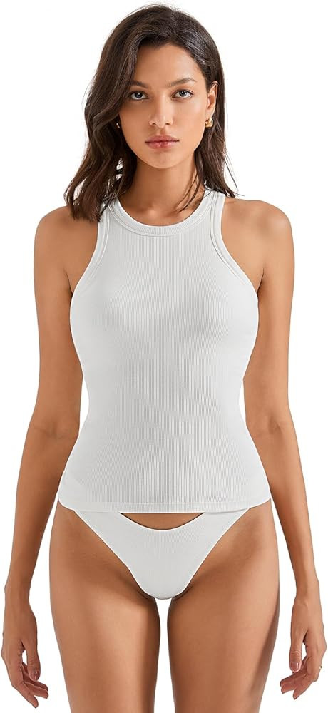 SUUKSESS Women Padded Cotton Ribbed Tank Tops 2025 High Neck Racerback Basic Tops | Amazon (US)