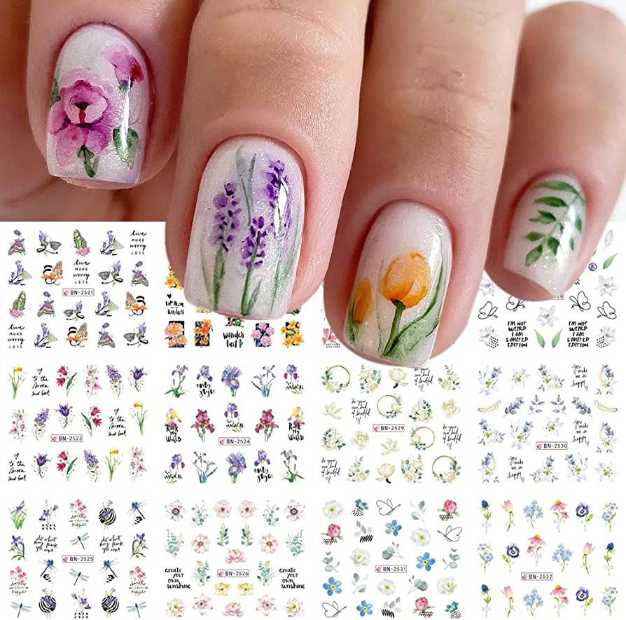 Flower Nail Art Stickers Spring Summer Nail Decals White Lily Blue Tip Lavender Blossom Nail Supp... | Amazon (US)