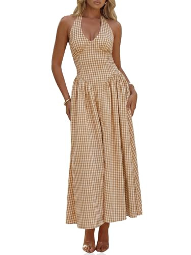 Wenrine Womens Halter V Neck Corset Maxi Dresses Summer Plaid Smocked Tie Back Backless Wedding G... | Amazon (US)