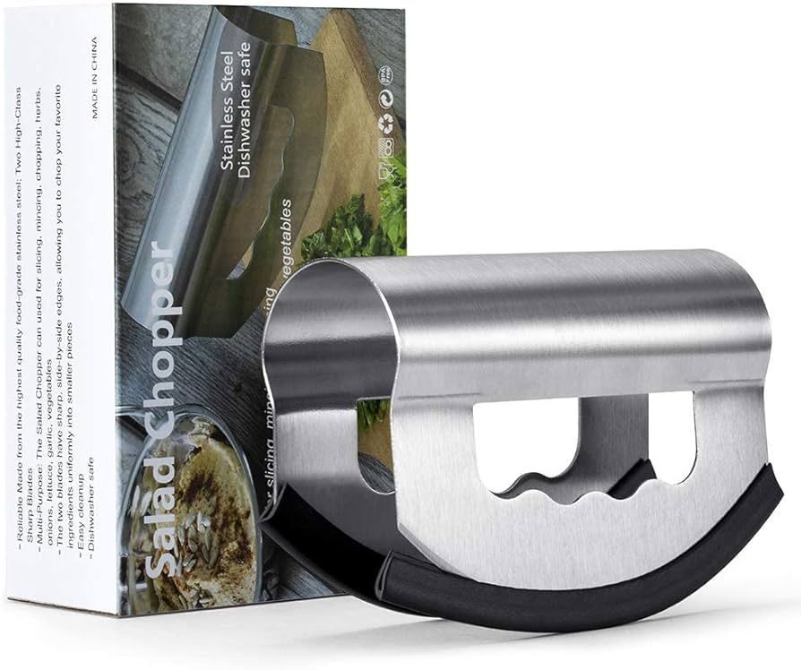 Salad Knife Chopper with Protective Cover - Stainless Steel Salad Cutter, Double Blade Chopping K... | Amazon (US)