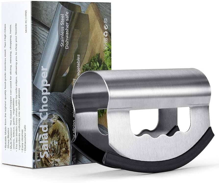 Salad Knife Chopper with Protective Cover - Stainless Steel Salad Cutter, Double Blade Chopping K... | Amazon (US)