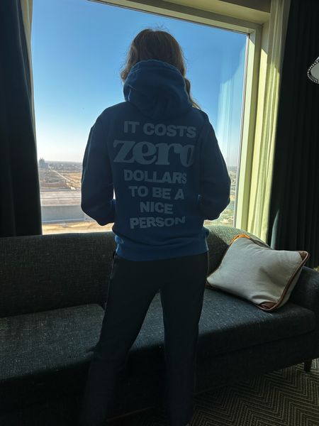I got this from @etsy it’s so so good! My friend Mollyann had one and I had to have it! “it costs zero dollars to be a nice person”. 🙌🏻 @etsy #sweats #kind #kindness 

#LTKstyletip #LTKtravel #LTKfindsunder50