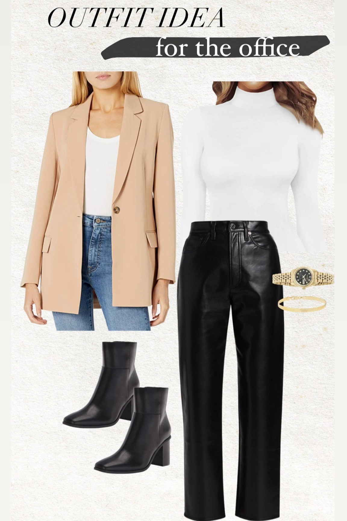 Outfit idea for the office 🖤 The boots and blazer are both closet staples and are each under $70! 

Fall style; office style; fall outfit; workwear outfit; tan blazer; black leather pants; black booties; bodysuit; amazon fashion; saks 

#LTKworkwear #LTKstyletip #LTKunder100