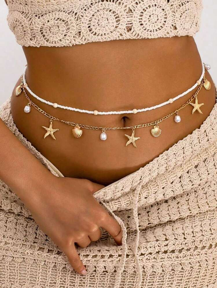2 piezas Cadena para la cintura con cuentas de estilo bohemio con conchas y estrellas de mar de la serie oceánica para mujeres | SHEIN