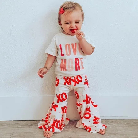 Valentines Days Outfit for Baby Girls Clothes Sets 2pcs Short Sleeve Heart Print T-Shirt Top+Flare B | Walmart (US)