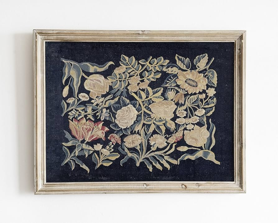 Vintage textile wall art, antique tapestry wall hanging, blue floral rug print, pattern wall art,... | Amazon (US)