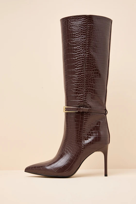 Cadee Brown Croc-Embossed Stiletto Knee-High Buckle Boots | Lulus