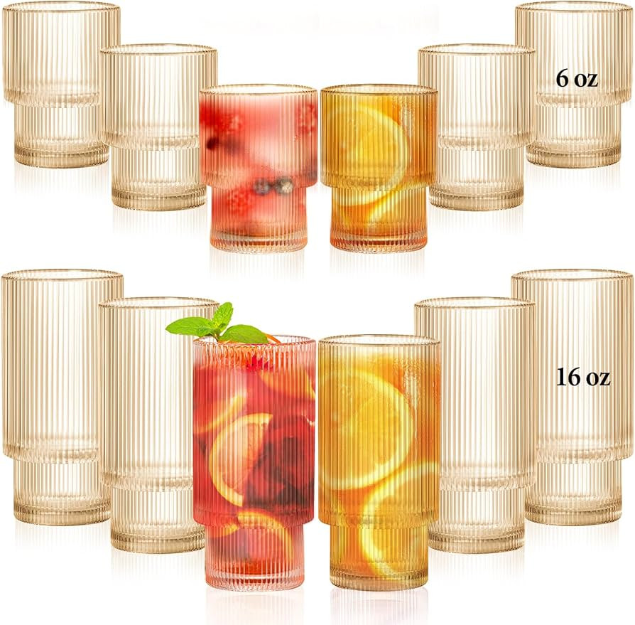 12 Pack Ribbed Drinking Glasses – Amber Glassware Set, 6 Highball 16Oz & 6 Rocks 6Oz Cups, Eleg... | Amazon (US)