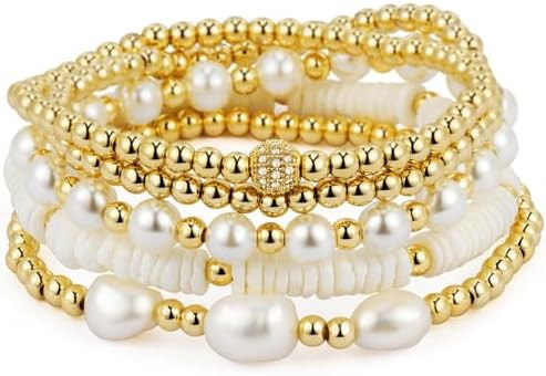 Gold Bracelets for Women Gold Bracelet Stack Pearl Beaded Bracelets for Women 14K Gold Plated Str... | Amazon (US)