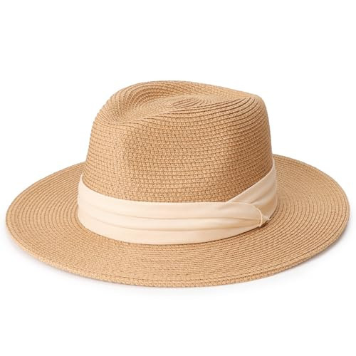 DRESHOW Women Straw Panama Hat Fedora Beach Sun Hat Wide Brim Straw Roll up Hat UPF 50+ | Amazon (US)