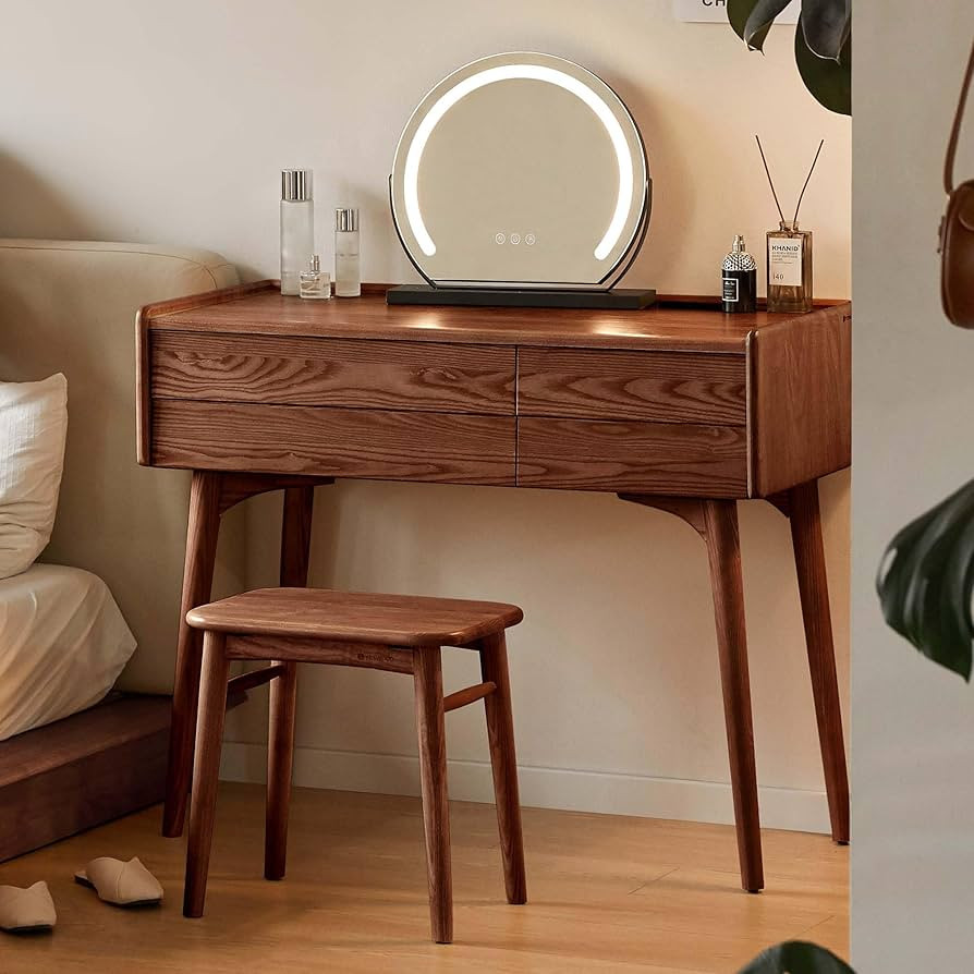 YESWOOD Samll Vanity Desk, Ash Wood Makeup Table for Girls, Walnut Color Vanity Set for Bedroom, ... | Amazon (US)