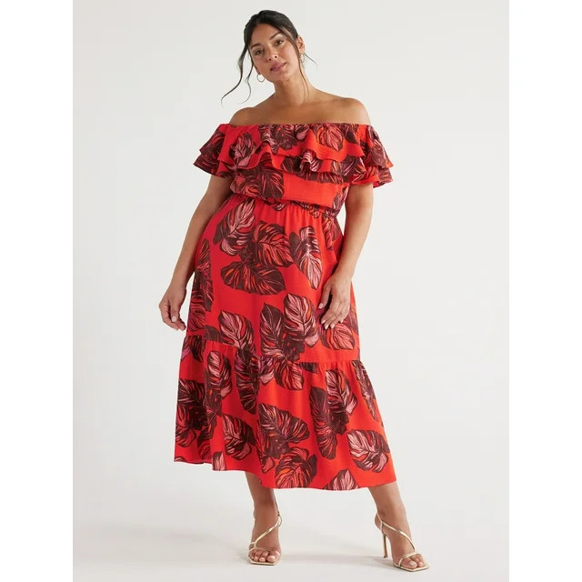 Sofia Jeans Women's and Women's Plus Maxi Dress with Double Ruffle Convertible Neck, Sizes XS-5X | Walmart (US)