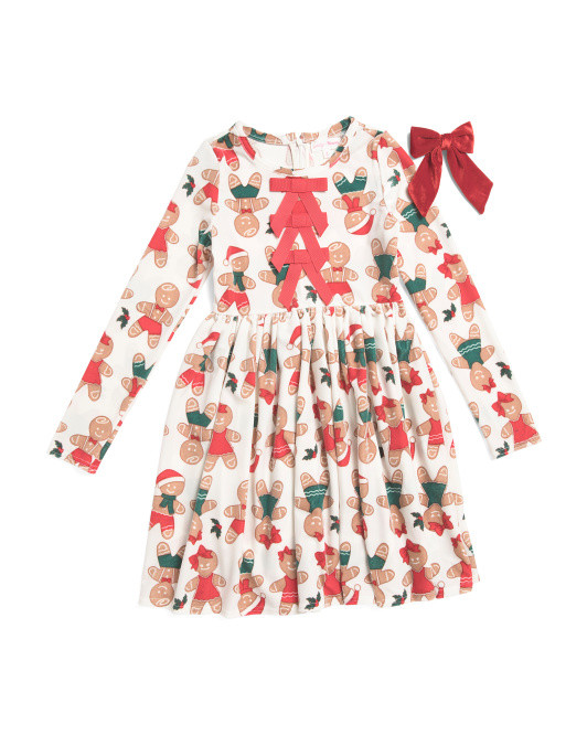 Girls Christmas Print Long Sleeve Dress With Hair Bow | TJ Maxx
