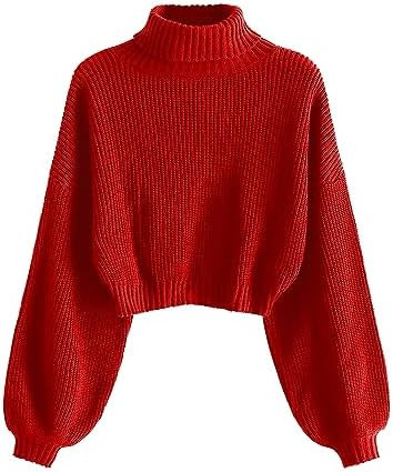 ZAFUL Women's Cropped Turtleneck Sweater Lantern Sleeve Ribbed Knit Pullover Sweater Jumper | Amazon (US)