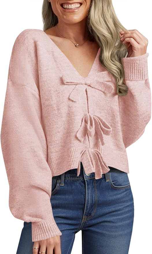 Saodimallsu Womens Bow Sweater Cropped V Neck Long Sleeve Fall Cozy Knit Loose Trendy Pullover Sw... | Amazon (US)